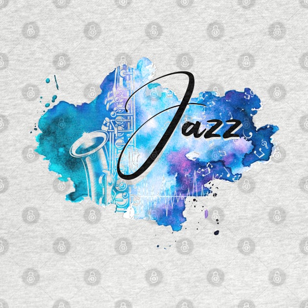 Womens Jazz Blue Music Notes Saxophone Colored Artwork by Designs by Romeo